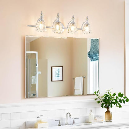 4 Light Brushed Nickel Bathroom Light Fixture, Antique Vanity Light with Flower Glass Shade, Bathroom Vanity Light Over Mirror, Farmhouse Sconces Wall Lighting for Hallway Livingroom Bedroom