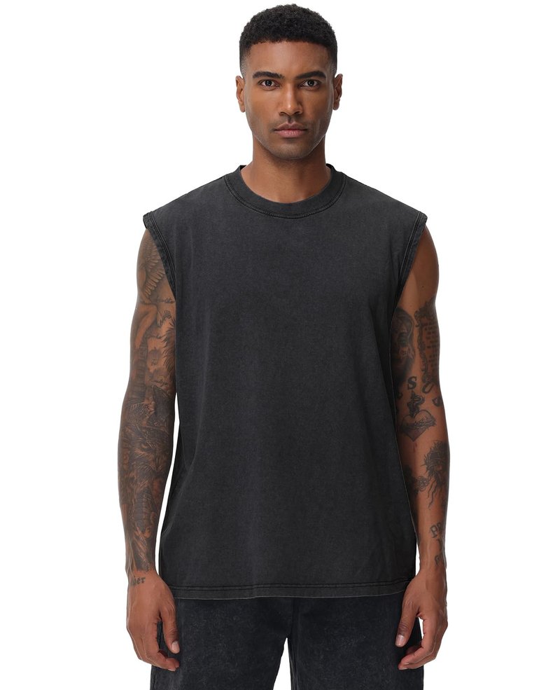 SnowElve 4 Pack Mens Workout Tank Tops Sleeveless Tee Shirts Men Muscle Shirt Gym Acid Wash T Shirts Running Beach Loose Fit Tee(BKGYCFAG,2XL)