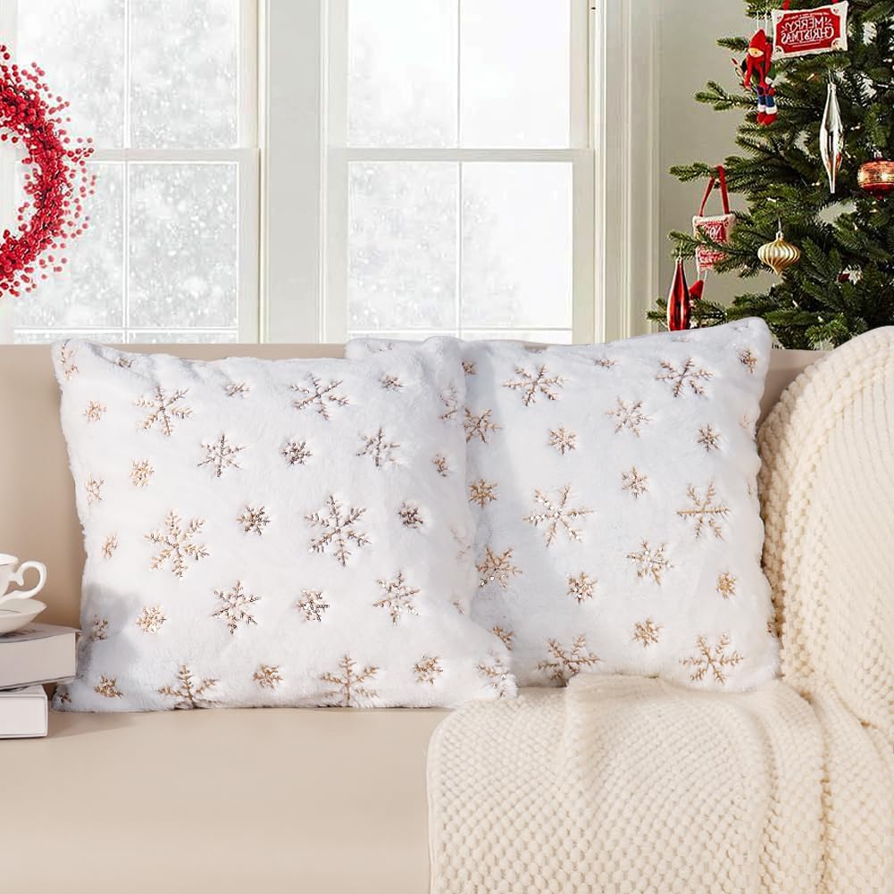 Homithley Christmas Pillow Covers Set of 2 Winter Snowflakes Decorative Throw Pillowcases Christmas Gold Sequin Plush Pillow Covers for Sofa Cushion Bedroom Party Décor (Gold, 18”×18”)
