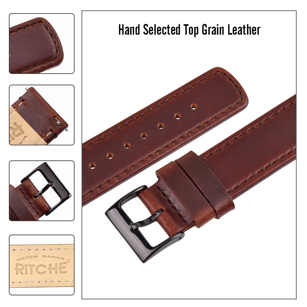Ritche Leather Watch Strap with Quick Release Pins, 20mm Replacement Watch Band for Men and Women, Fits Smartwatches & Traditional Watches