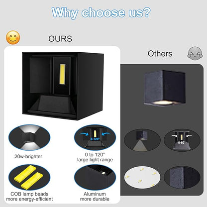 ledmo 20W High Power Modern Outdoor Wall Sconce Light Creative Adjustable Beam Square Up and Down Exterior Wall Lights Fixture Anti-Rust Aluminum IP65 6000K 1800LM Black for Patio Garage House 4 Pack