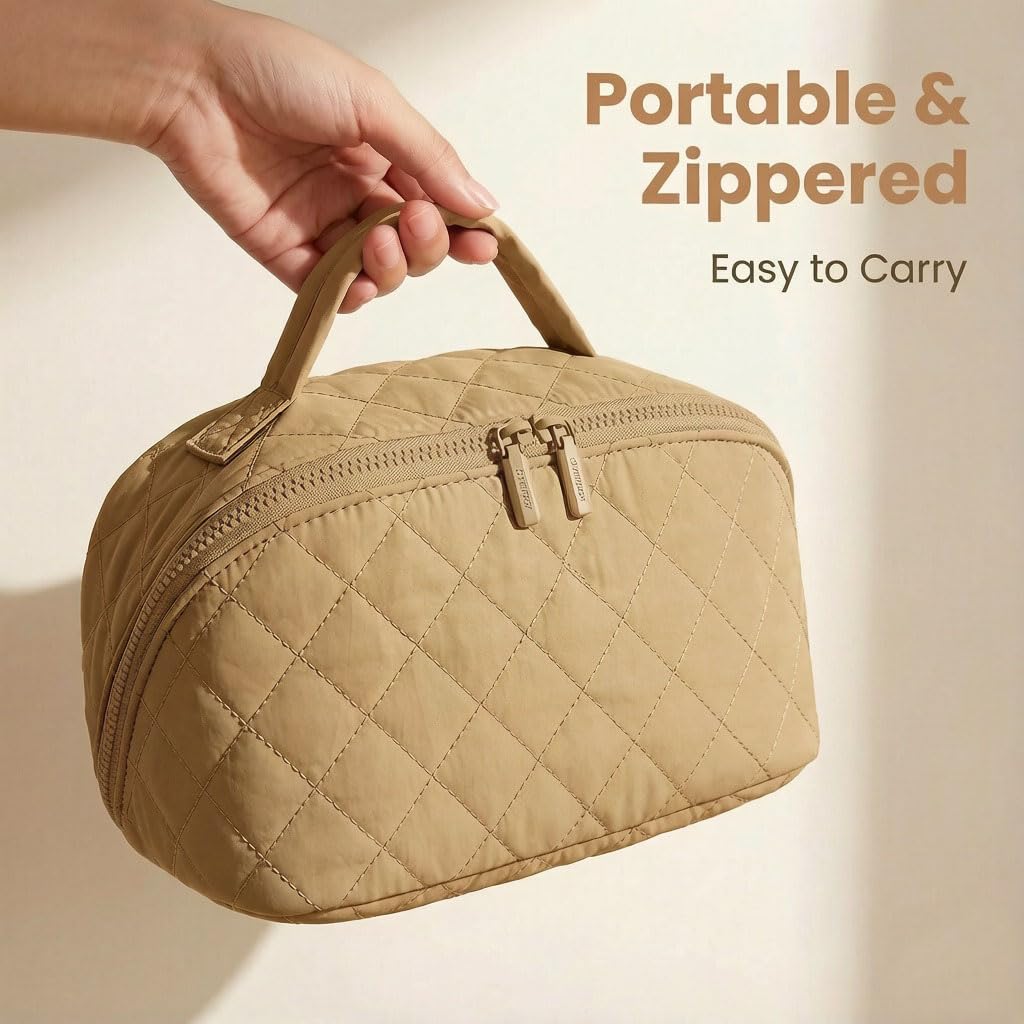 moniko Travel Makeup Bag for Women, 2PCS Waterproof Puffer Cosmetic Bags, Large Capacity Lay-Flat Toiletry Organizer with Brush Compartment & Handle, Portable Makeup Pouch Set (Khaki)