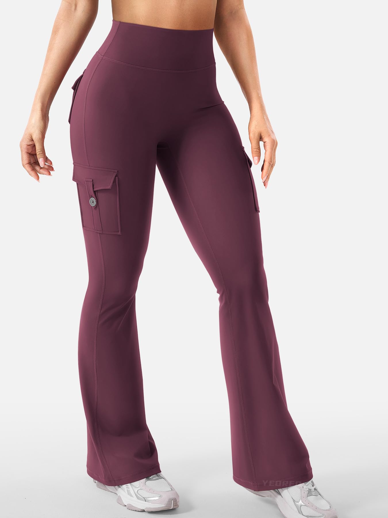 YEOREO CoreFlex Women Workout Flare Leggings with Pockets Hidden Scrunch High Waisted Cargo Gym Yoga Leggings Dark Cherry L