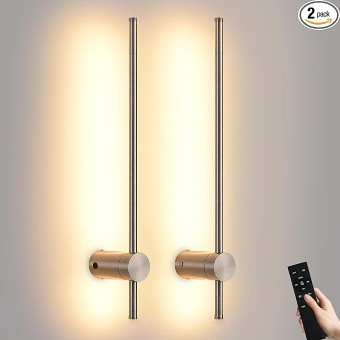 Battery Operated Wall Sconces with Remote, Dimmable 3000K-6000K/Timer/Memory LED Wall Lamp, 350°Rotate, USB Rechargeable Wireless wall lights for Living Room, Bedroom Brushed Nickel 23.6" (2 Pack)