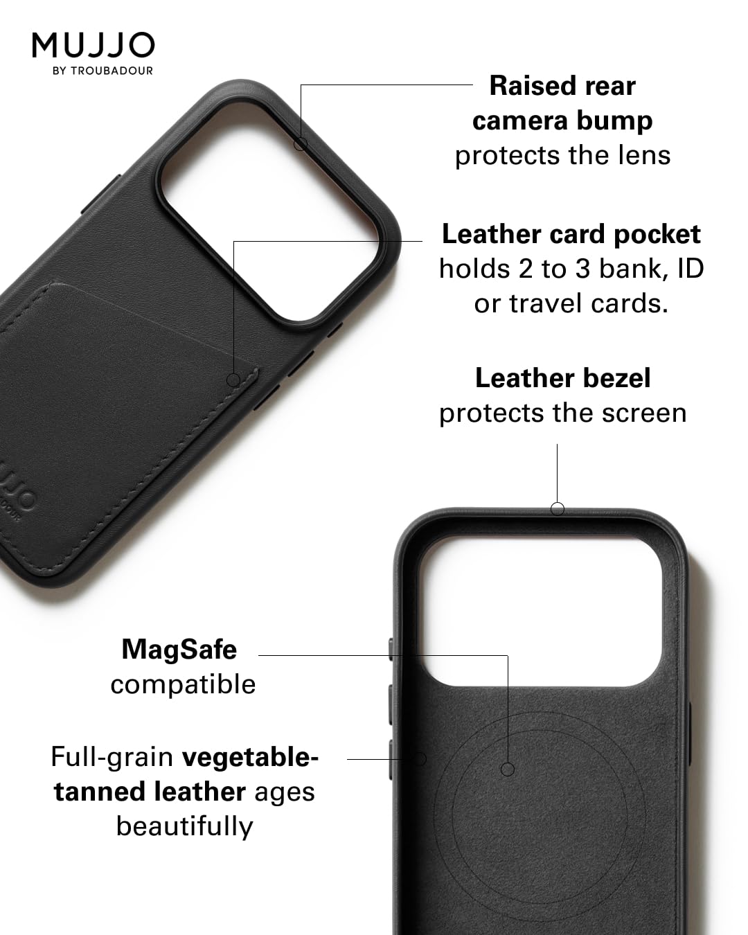 Mujjo Wallet Leather Case for iPhone 17 Pro - MagSafe Compatible - Black