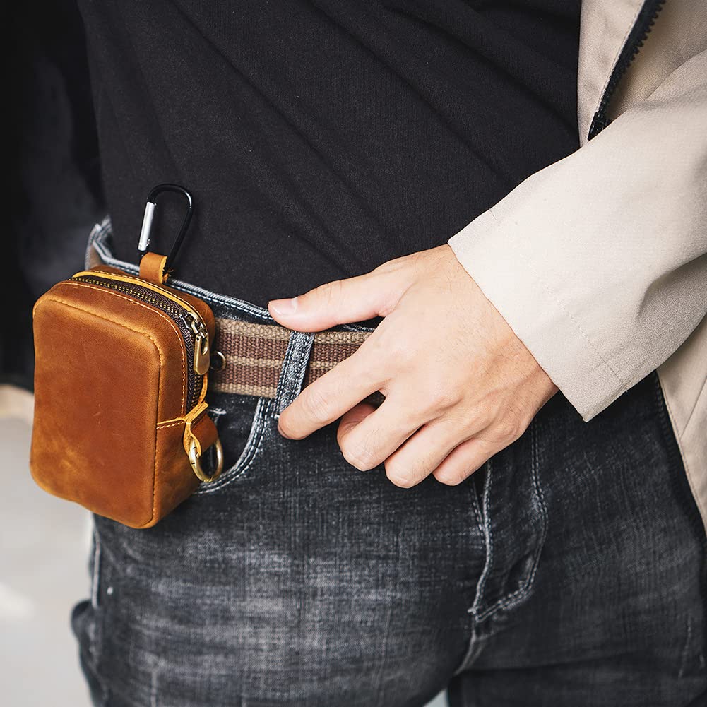Wugebud 1 Pcs Leather Coin Pouch Keychain, Leather Mini Belt Bag,Coin Organizer, Change Holder, Leather zipper Pouch for Men & Women，Outdoor Running Sports Mini Storage Bag