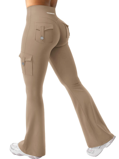 YEOREO CoreFlex Women Workout Flare Leggings with Pockets Hidden Scrunch High Waisted Cargo Gym Yoga Leggings Light Brown L