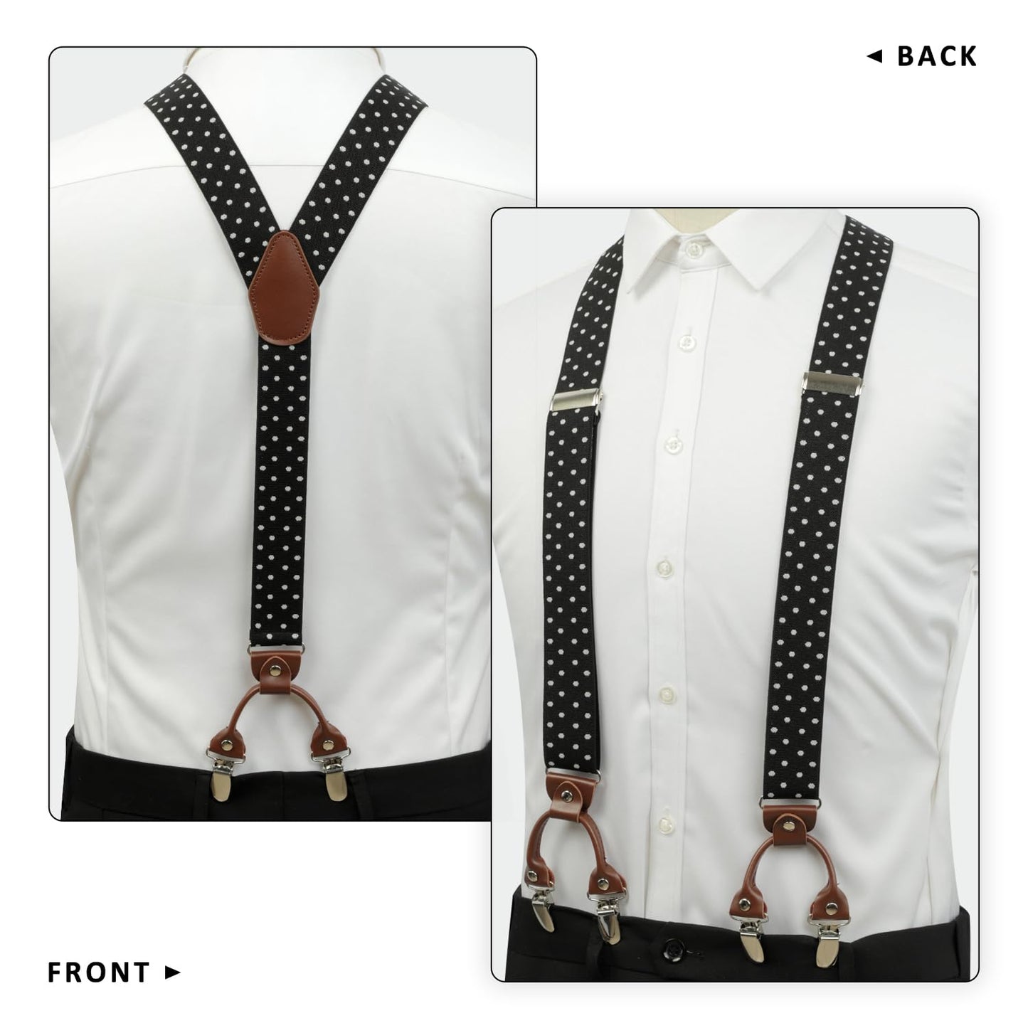 LEHOMU Suspenders for Men with leather 6 Heavy-Duty Clips, 1.4 Inches Wide Men's Suspenders Y-Back Adjustable Elastic Fit for Work or Casual Wear,Black and White Dots