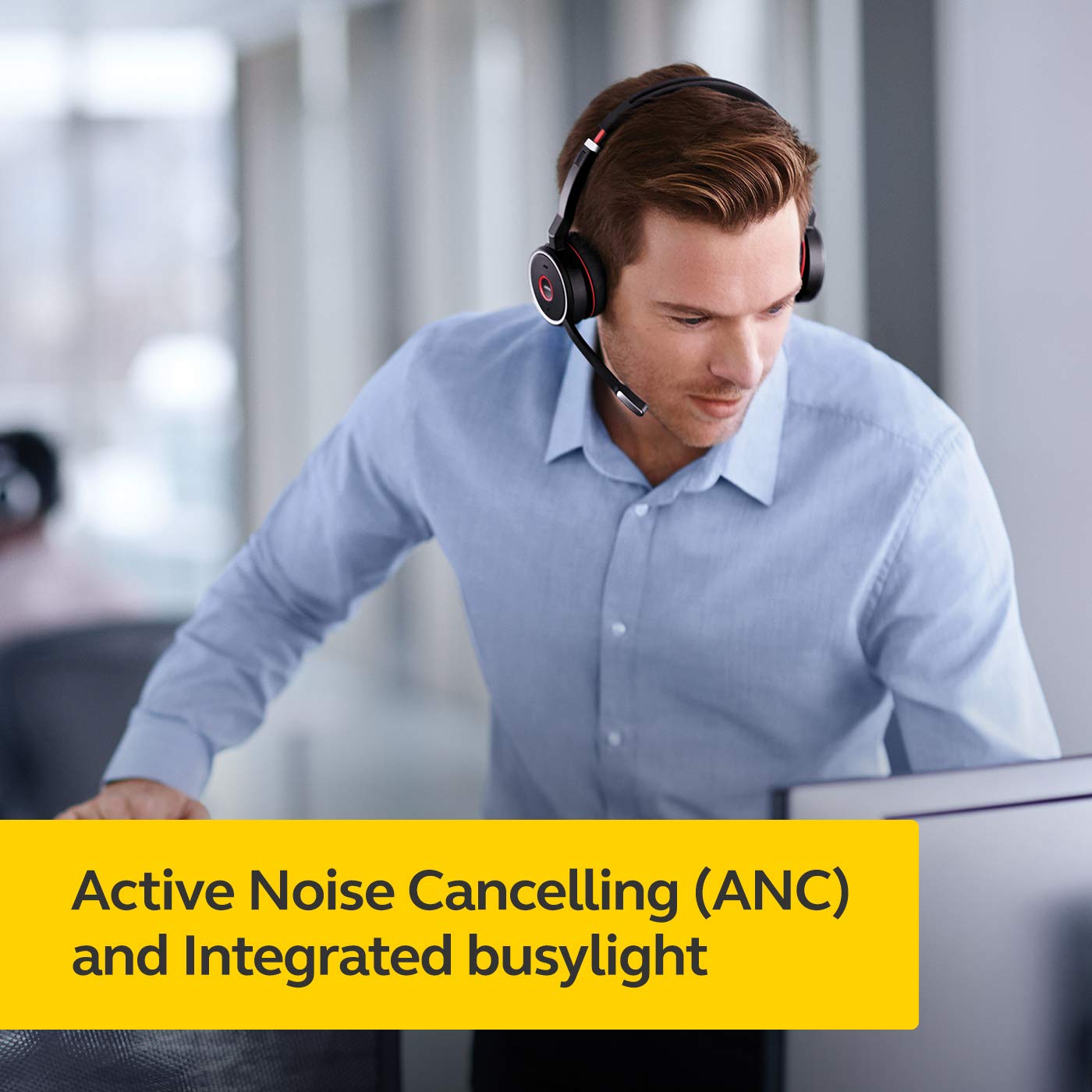 Jabra Evolve 75 UC Wireless Headset, Stereo – Includes Link 370 USB Adapter and Charging Stand – Bluetooth Headset with World-Class Speakers, Active Noise-Cancelling Microphone, All Day Battery