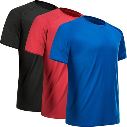 MCPORO Workout Shirts for Men Short Sleeve Quick Dry Athletic Gym Active T Shirt Moisture Wicking 3 Pack Black, Red, Blue Medium