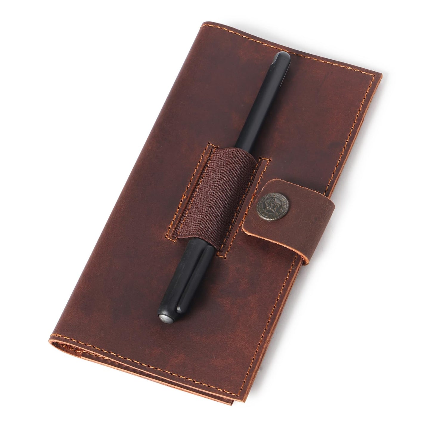 Brown Leather Checkbook Cover for Men & Women, Full Grain Check Book Wallet with Pen Holder, Fits Personal & Duplicate Checks, Slim Money Organizer Case, Durable Leather Checkbook Holder 7x3.75 Inches