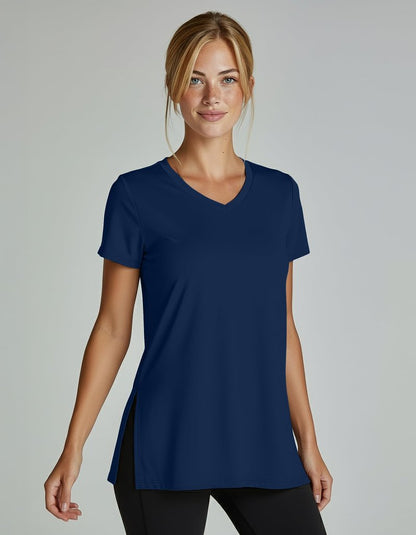 Real Essentials 5 Pack: Women's Short Sleeve Split Hem V-Neck T-Shirts, Athletic Tops, Gym, Workout, Yoga, Activewear- Set 1,XL