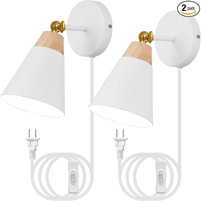 Wall Sconce Set of 2, Wall Sconce with Metal Shade, Plug Switch, Indoor Decor Wall Mount Swing Arm Lamp for Bedroom,Hallway,Living Room,Reading, White