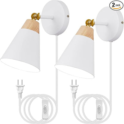 Wall Sconce Set of 2, Wall Sconce with Metal Shade, Plug Switch, Indoor Decor Wall Mount Swing Arm Lamp for Bedroom,Hallway,Living Room,Reading, White
