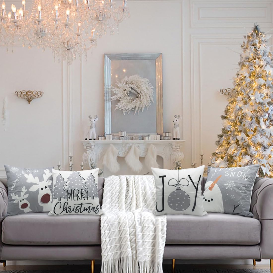 PSDWETS Christmas Pillow Covers 18x18 Set of 4 Christmas Decorations Snowman Deer Tree Winter Holiday Decor Throw Cushion Case for Home Couch