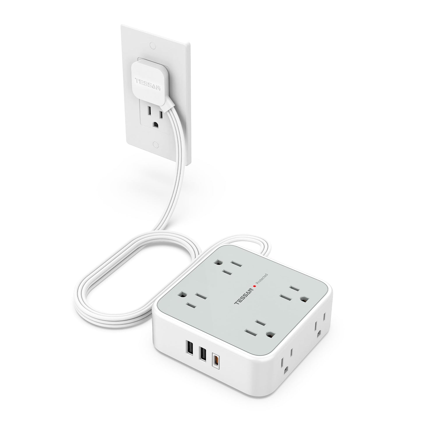 TESSAN Surge Protector Power Strip, 5 Ft Flat Plug Extension Cord with 3 USB (1 USB C) 8 Outlets, 900J Surge Protection, 3 Sided Outlet Extender with Power Switch for Office, Dorm Room Essentials