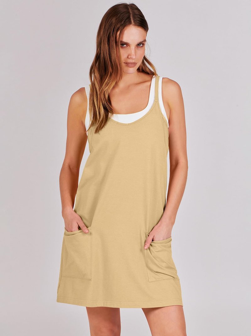 ANRABESS Women Athletic Dress Summer Tennis Workout Active Sports Mini Romper Dress Built in Shorts Travel Vacation Clothes Light Yellow X-Smal