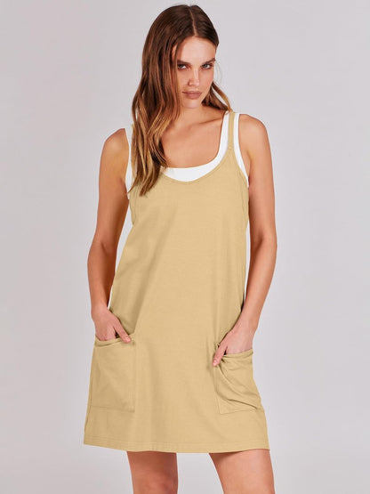 ANRABESS Women Athletic Dress Summer Tennis Workout Active Sports Mini Romper Dress Built in Shorts Travel Vacation Clothes Light Yellow Large
