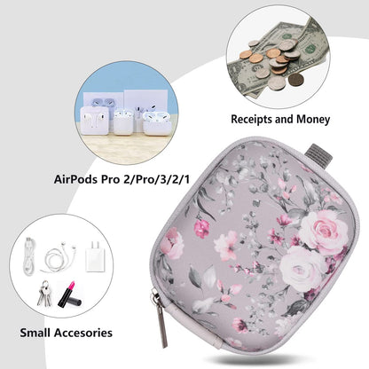 Earbud Case, AIRSPO Airpods 4 Case Airpods Pro 2nd Generation Earphone Organizer Carrying Case Small Storage Bag Hard EVA Shockproof Cover with Carabiner Clip (Grey Pink Rose)