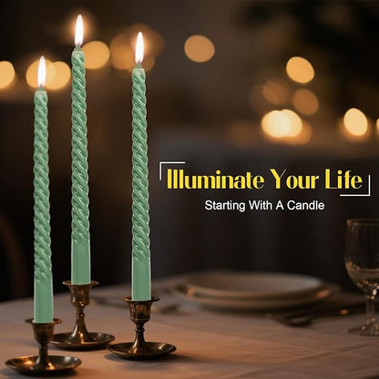 Tobeape Sage Green Twisted Taper Candles Set of 12, 10 Inch Tall Unscented Dripless, Smokeless Spiral Christmas Tapered Candlestick for Wedding Home Décor Dinner St. Patrick's Day- 8 Hour Long Burning