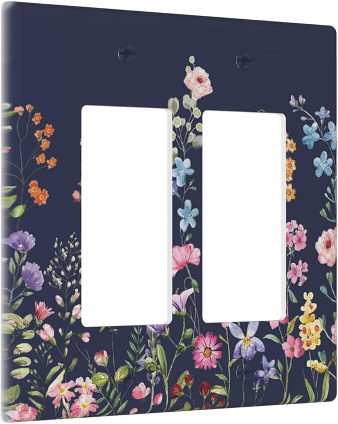 Rustic Wild Floral Darkground Vintage Watercolor Flower 2 Gang Rocker Decora Light Switch Covers Decorative Dual Outlet Covers Wall Plate Electrical Faceplate Switchplate GFCI for Bedroom