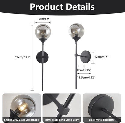 KCO Lighting 1-Light Matte Black Mid Century Wall Sconce Set of Two Modern Bathroom Vanity Globe Wall Light Set of 2 Vintage Smoke Gray Glass Wall Bedroom Wall Lamp