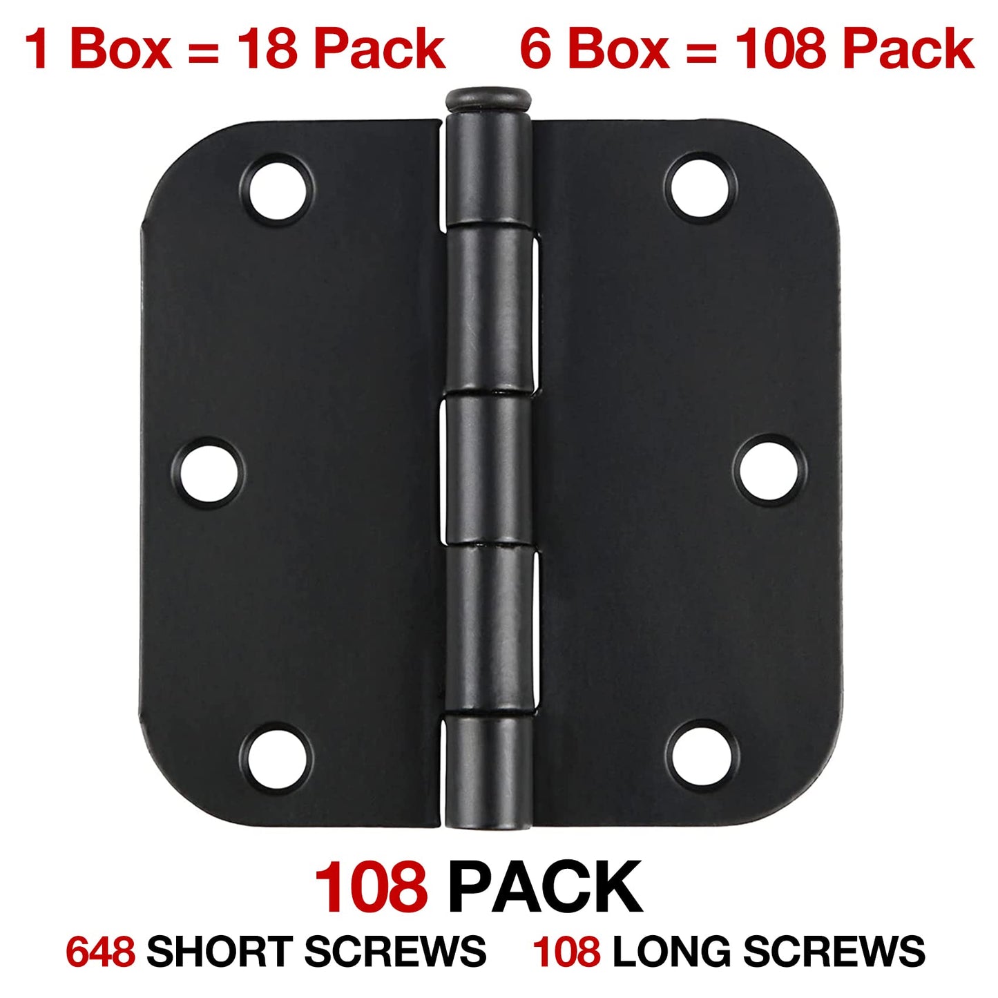 108 Pack Rounded Matte Black Door Hinges 3.5 Inch 5/8" Radius for Interior 3 1/2" Flat Iron Bifold Residential Standard Hinge Bedroom Indoor for Doors 3 ½"Hardware Heavy Duty Steel Regular Home Kit