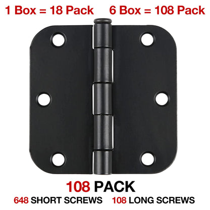 108 Pack Rounded Matte Black Door Hinges 3.5 Inch 5/8" Radius for Interior 3 1/2" Flat Iron Bifold Residential Standard Hinge Bedroom Indoor for Doors 3 ½"Hardware Heavy Duty Steel Regular Home Kit