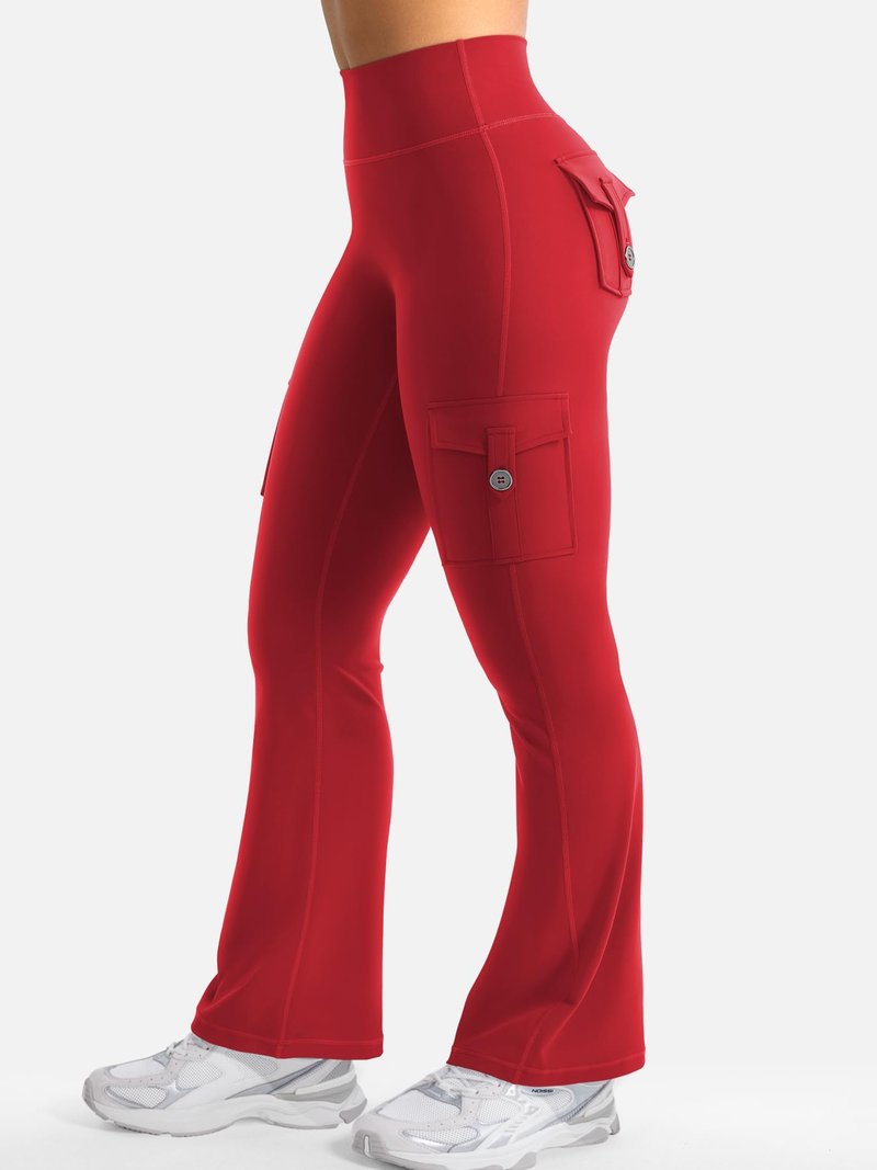 YEOREO CoreFlex Women Workout Flare Leggings with Pockets Scrunch Cargo Gym Yoga Leggings 28" Inseam Red M
