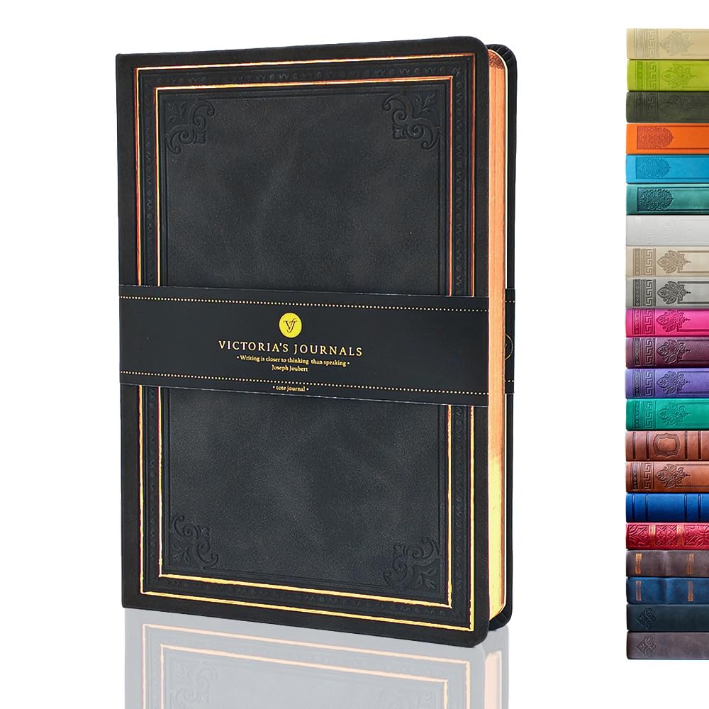 VICTORIA'S JOURNALS Leatherette Vintage Journal Hard Cover Lined Notebook Old Looking Travel Diary Black, 5.7'' x 8.1''