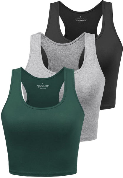 Workout Crop Tops for Women Tank Top Cropped Athletic Shirt Racerback Tanks Sleeveless Undershirt Fitted Summer Tops Gym Exercise Clothes Work Out Running Activewear 3 Pack Black/Grey/Emerald Green M