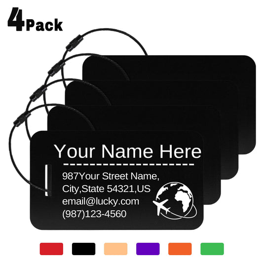 Custom Luggage Tags for Suitcases|Personalized Engraved Metal Luggage Name Tags(Pack of 4)|Cruise Luggage Tag|Heavy Duty Durable Travel NameTags,Bag Tags,Presents for Family (Black, Large)