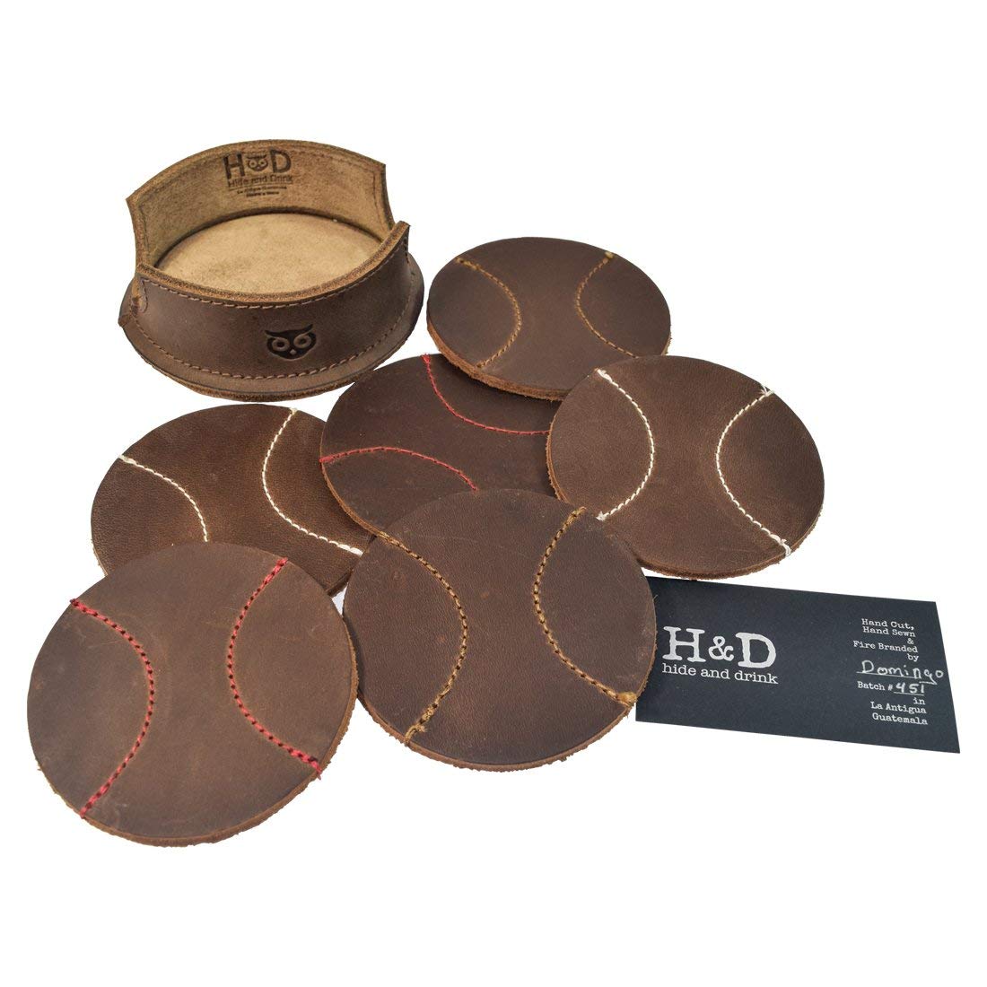 Durable Thick Leather Baseball Coasters (6-Pack) Handmade by Hide & Drink (Bourbon Brown)