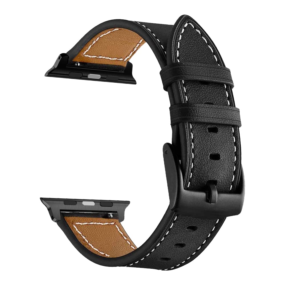LDFAS Compatible for Apple Watch Series 10 Band 46mm, (Large) Leather Watch Strap with Black Buckle Compatible for Apple Watch Ultra 2 49mm, Apple Watch 9/8/7 45mm Bands,Brown+Black (2 Pack) M/L