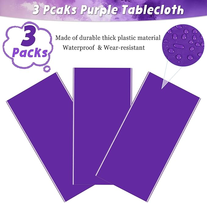 3 Packs Disposable Purple Tablecloths 54 x 108 inch Rectangular Plastic Table Cloth for Parties Waterproof Table Cover for Wedding Outdoor Picnic Birthday Party Decoration