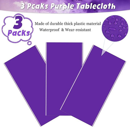 3 Packs Disposable Purple Tablecloths 54 x 108 inch Rectangular Plastic Table Cloth for Parties Waterproof Table Cover for Wedding Outdoor Picnic Birthday Party Decoration