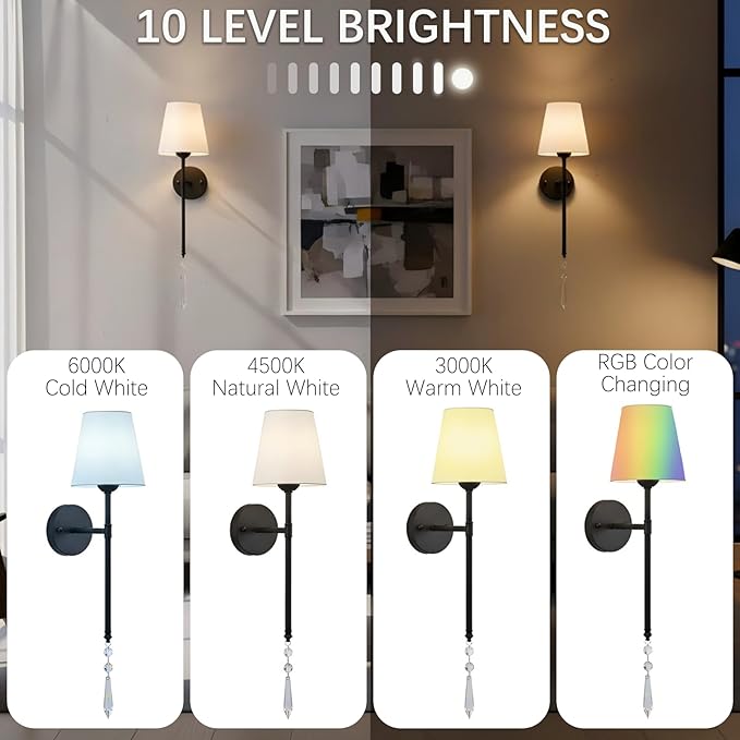 Battery Operated Wall Sconces Set of Two, Rechargeable Wall Sconce Wireless Battery Wall Lamp with 15 Colors RGBCW Dimmable Magnetic Bulbs & Remote for Bedroom Living Room Hallway Decor Black