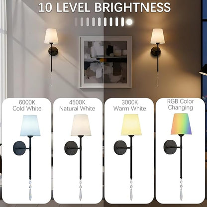 Battery Operated Wall Sconces Set of Two, Rechargeable Wall Sconce Wireless Battery Wall Lamp with 15 Colors RGBCW Dimmable Magnetic Bulbs & Remote for Bedroom Living Room Hallway Decor Black