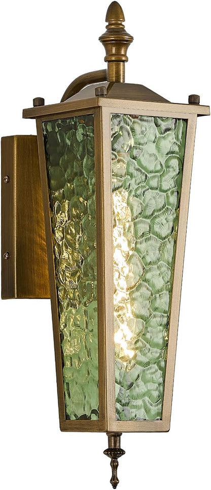 Outdoor Wall Light,Vintage Gold E26 Base 16.7in - Exterior Waterproof Lantern Metal with Green Glass,Farmhouse Porch Sconce Wall Mount Lighting,for Garage,Patio,Front Door,Entryway