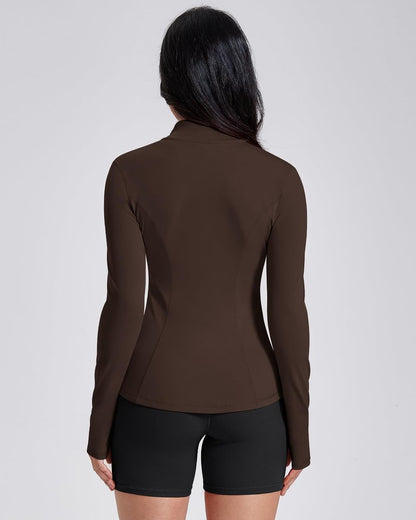 AVGO Womens Workout Jackets Lightweight Athletic Zip Up Jacket Slim Fit Running Gym Top with Pockets & Thumb Holes(Roasted Brown, S)