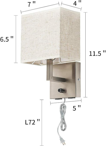 Bedside Wall Mount Light with Dimmer Switch and Two USB Charging Port,Fabric Linen Shade Wall Sconces Light with Plug in Cord and Satin Nickel Finish, Perfect for Bedroom, Living Room and Hotel