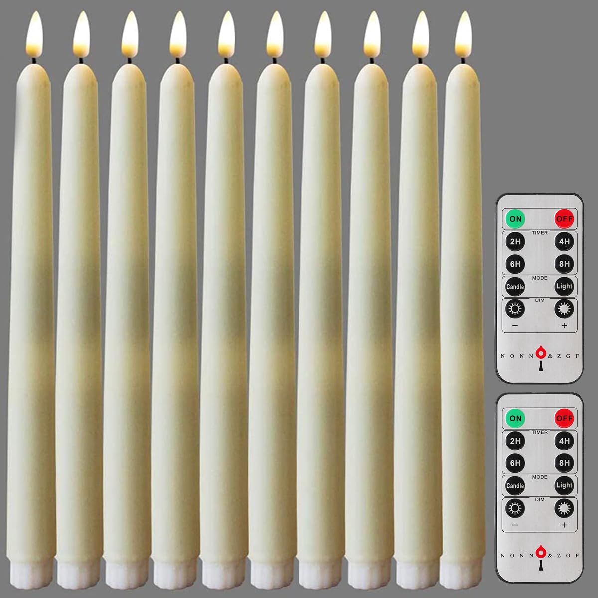 NONNO & ZGF 10 Pack Flameless Taper Candles, Ivory Wax Coverd, 11-Inch, LED Battery Flickering Bright Candle with 2 Remote Controls, Timer, for Wedding, Family Dinner, Party, Festive or Home Decor