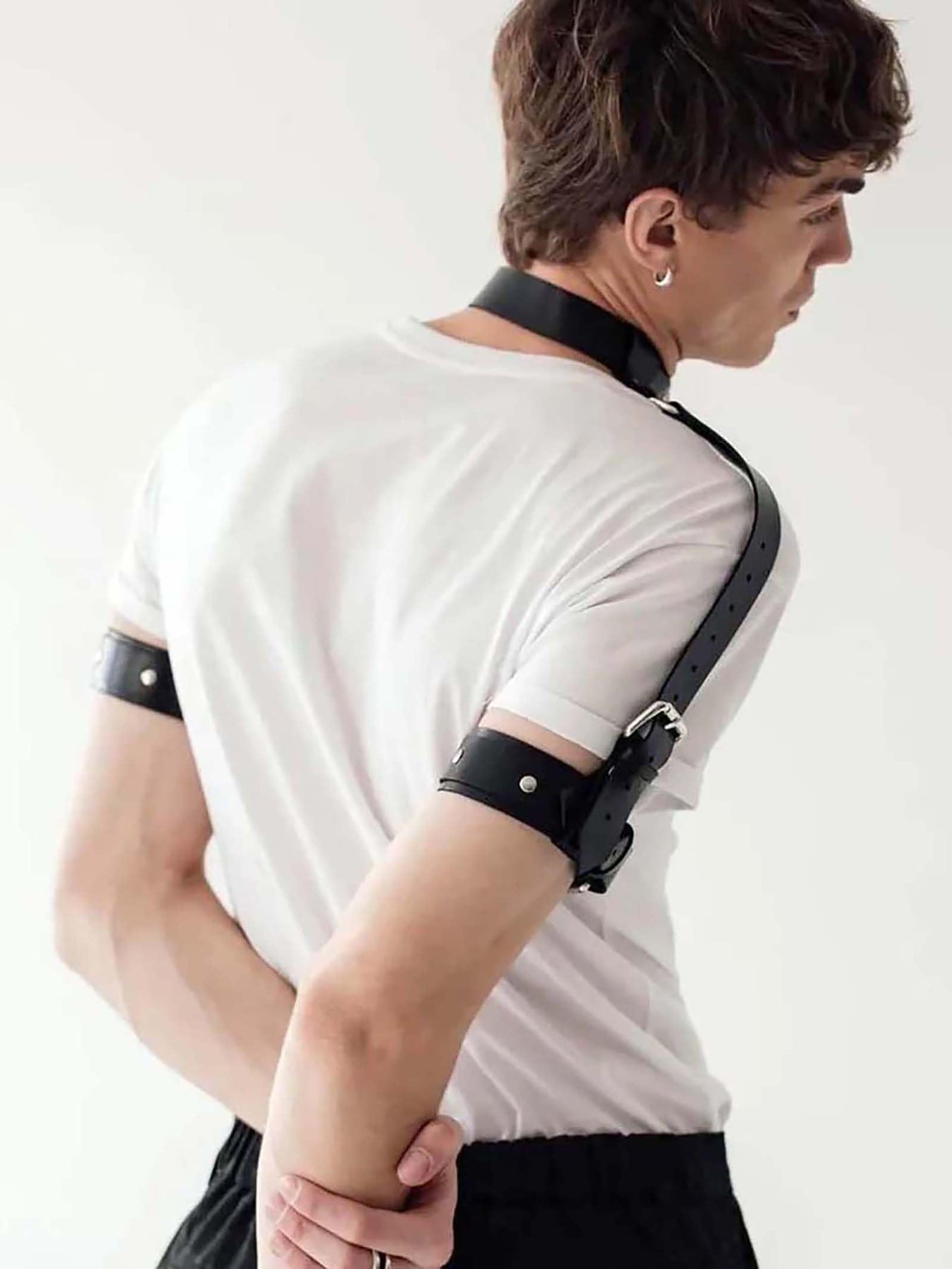 Men’s PU Leather Shoulder Harness with Neck Strap – Adjustable Black Harness Top with Arm Strap Accessory for Punk Fashion, Festivals, Cosplay & Stage Outfits(Fit Neck 13.4-18.1in)