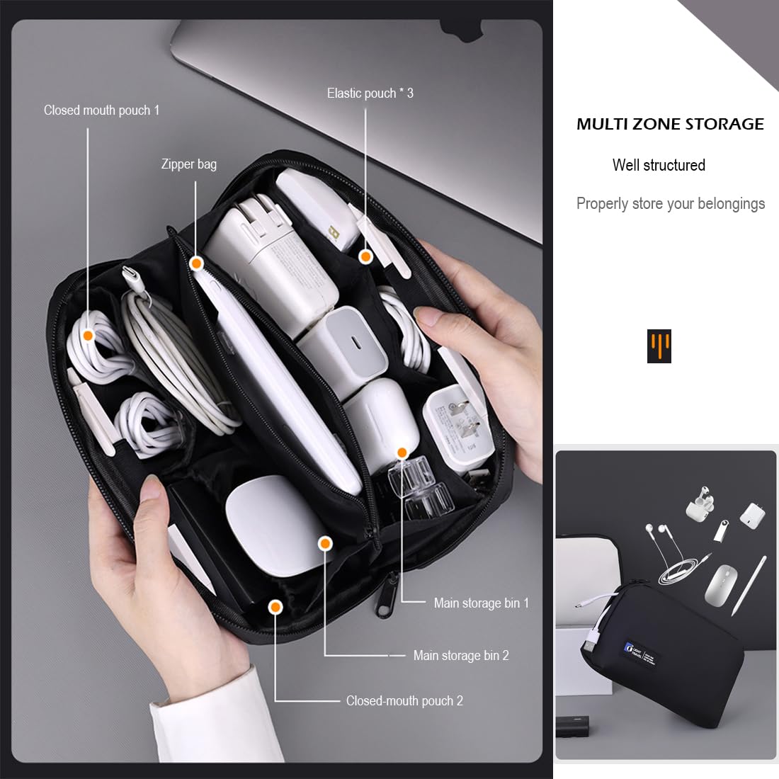 FADASTON Electronics Organizer Bag, Travel Digital Storage Pouch for Cable, Cord, Earphone, USB Flash Drive, Power Bank, Hard Drive, Portable Tech Travel Case with Multi-Compartment (Grey)