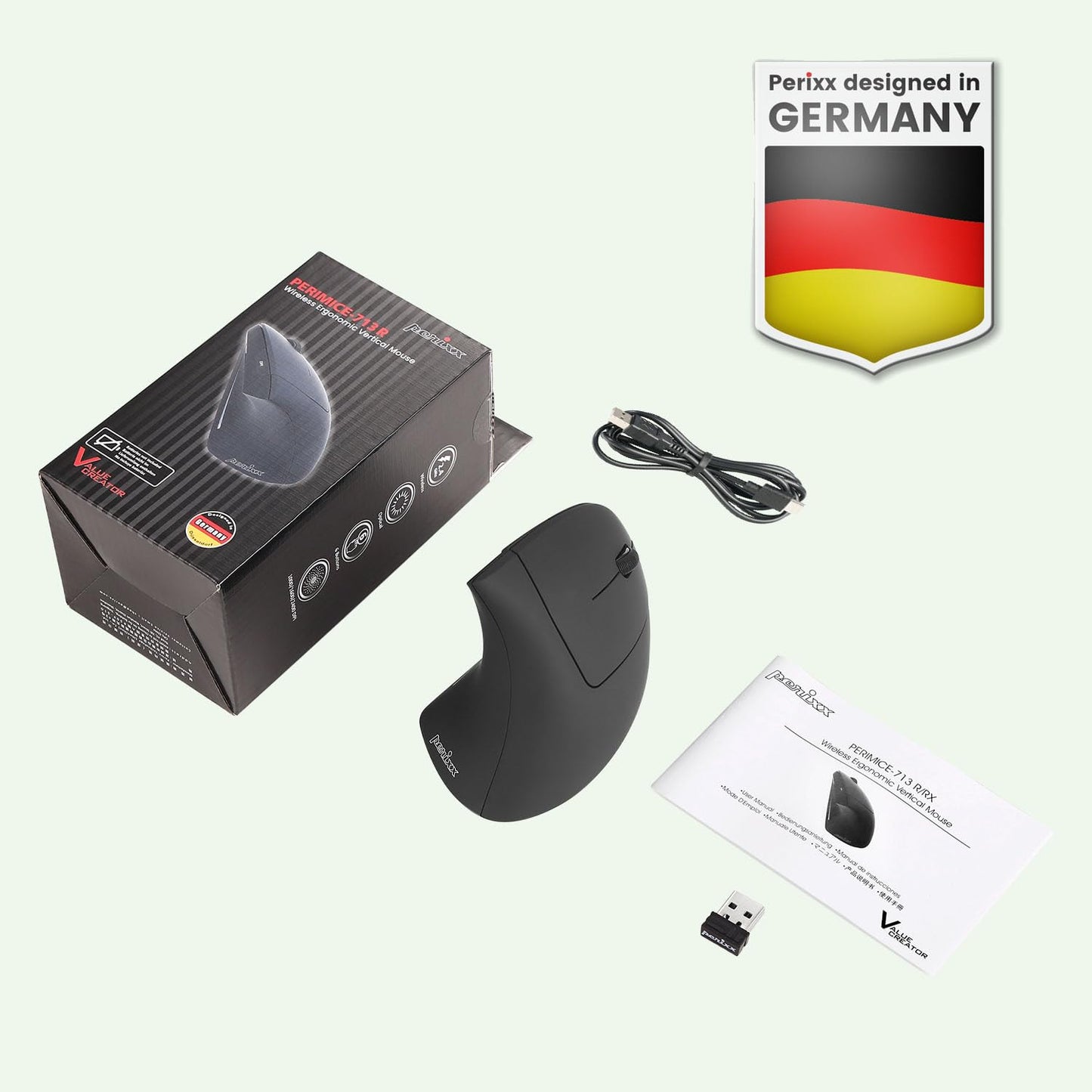 Perixx PERIMICE-713 Wireless Ergonomic Vertical Mouse - 800/1200/1600 DPI - Right Handed - Recommended with RSI User
