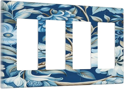 Blue Flowers Branches Leaves Floral Pattern Light Switch Cover 4 Gang Rocker Decora Outlet Covers Wall Plate Decorative Switchplate Electrical Faceplate GFCI for Farmhouse Living Bedroom Decor