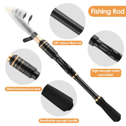 Carbon Fiber Telescopic Fishing Rod Reel Combo for Freshwater Saltwater Lightweight Collapsible Spinning Pole Reel Kit Fishing Gear Set with Compact Travel Tackle Bag Lure Hook Fishermen Gift
