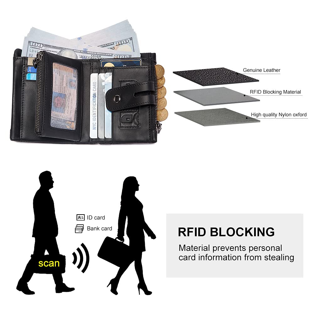 Mens Wallet with Chain Genuine Leather Purse RFID Blocking Bifold Double Zipper Coin Pocket with Anti-Theft Chain