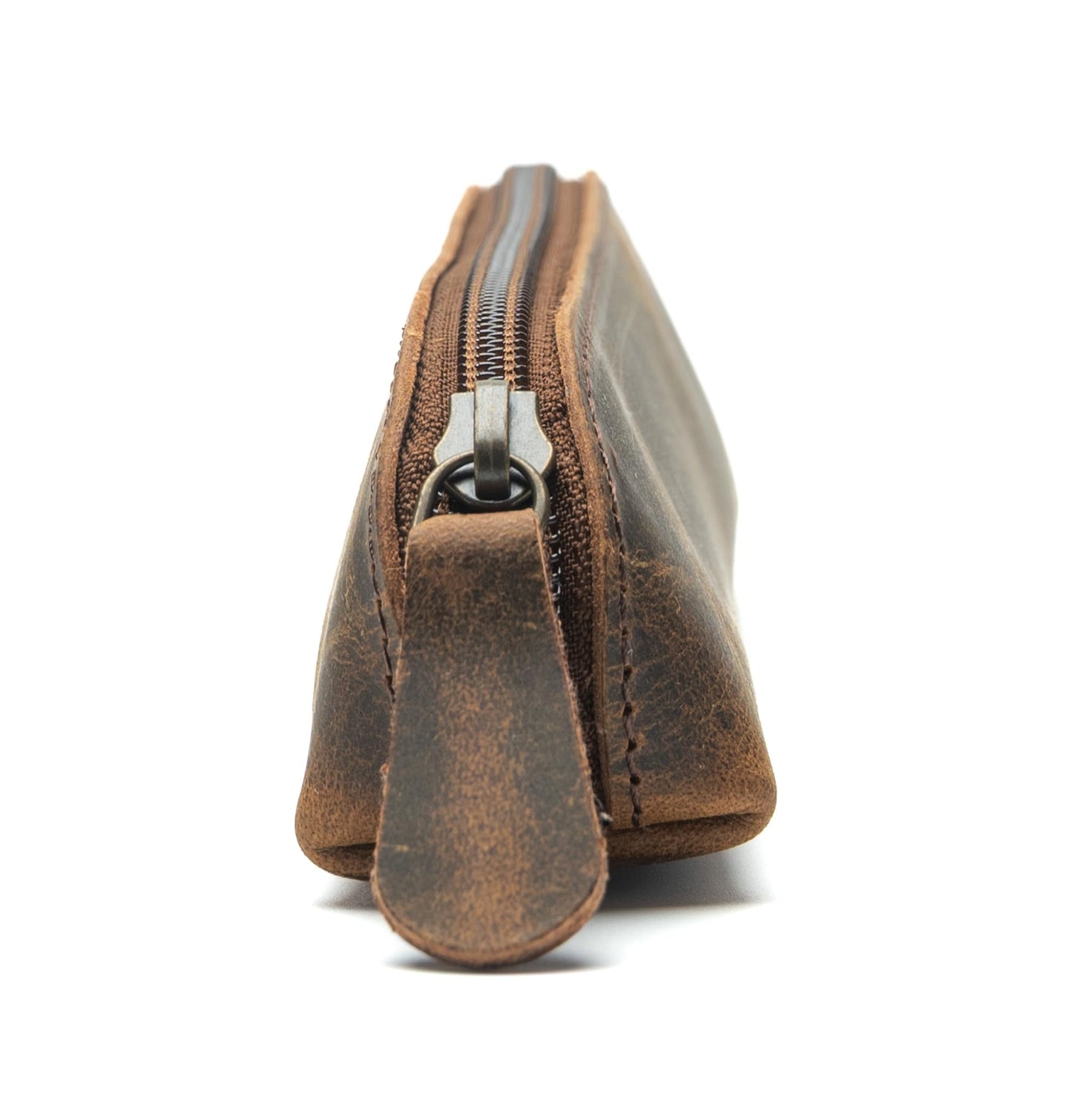 WANDERINGS Vintage Leather Pencil Pouch Case – 7" Round – Hand Crafted Functional Brown Leather Zipper Pouch – Round Pencil Case Holder for Men and Women – Travel Makeup, Jewelry, and Purse Bag