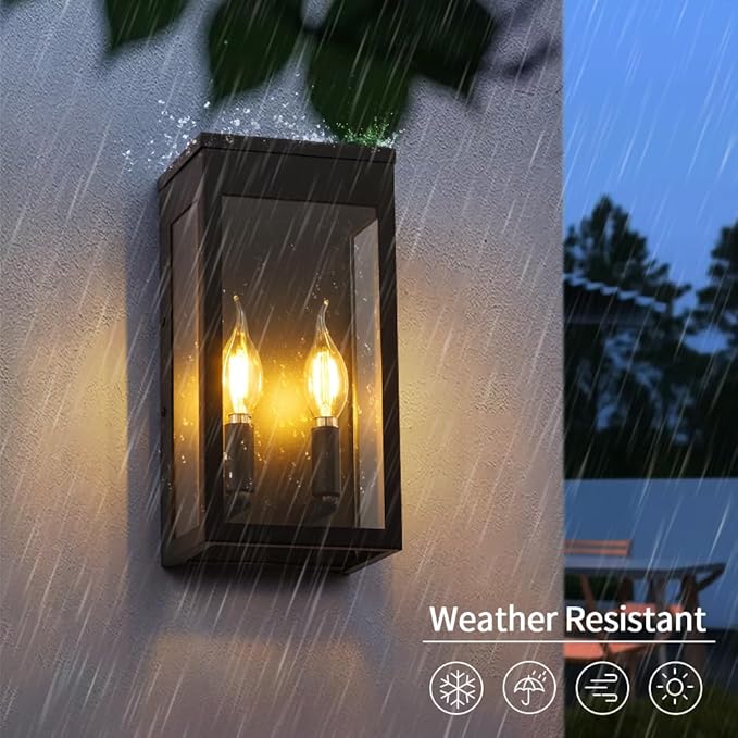 Cerdeco Black Outdoor Wall Light with Clear Glass,Modern Outdoor Wall Sconce with 2*E12 Socket,2 Pack(ETL Listed)